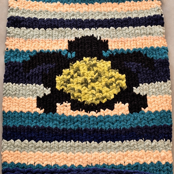 Handmade Colorful Throw Blanket with Sea Turtle Design. 38 X 49